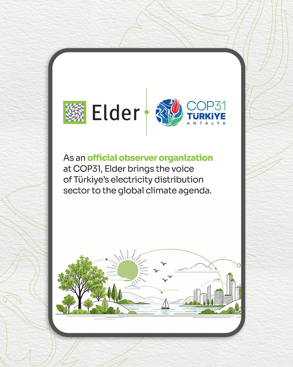 ElderBilgi's tweet photo. 🌍 In global climate negotiations, observer organizations representing industry, academia and civil society contribute to the process alongside national delegations with their expertise, experience and perspectives.

Elder’s journey as an official observer organization began at COP28. At COP31, Elder continues to bring the knowledge, experience and transformation perspective of Türkiye’s electricity distribution sector to the global climate agenda.

🔎 Elder Glossary Card

#ElectricityDistribution #EnergyTransition #COP31

/// /// ///

🌍 Küresel iklim müzakerelerinde ülkelerin yanı sıra sektörleri, akademiyi ve sivil toplumu temsil eden gözlemci kuruluşlar da bilgi birikimleri, deneyimleri ve farklı bakış açılarıyla sürece katkı sunuyor.

Elder’in resmî gözlemci kuruluş olarak COP yolculuğu COP28’de başladı. Elder, COP31’de de Türkiye’nin elektrik dağıtım sektörünün bilgi birikimini, deneyimini ve dönüşüm perspektifini küresel iklim gündemine taşımaya devam ediyor.

🔎 Elder Sözlük Kartı

#ElektrikDağıtım #EnerjiDönüşümü #COP31 

@UNFCCC @turkiyecop31 @csbgovtr 
@TCEnerji