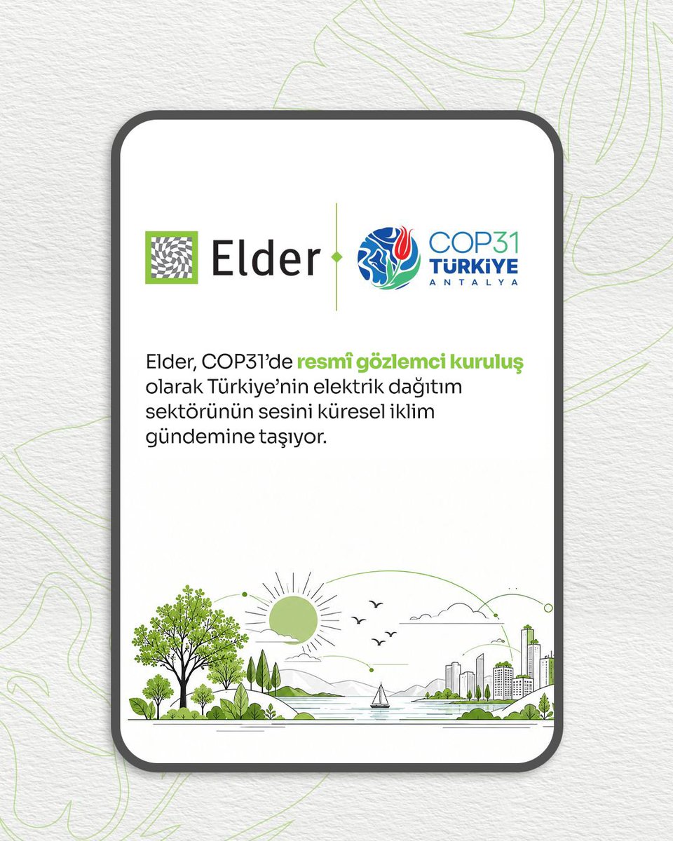 ElderBilgi's tweet photo. 🌍 In global climate negotiations, observer organizations representing industry, academia and civil society contribute to the process alongside national delegations with their expertise, experience and perspectives.

Elder’s journey as an official observer organization began at COP28. At COP31, Elder continues to bring the knowledge, experience and transformation perspective of Türkiye’s electricity distribution sector to the global climate agenda.

🔎 Elder Glossary Card

#ElectricityDistribution #EnergyTransition #COP31

/// /// ///

🌍 Küresel iklim müzakerelerinde ülkelerin yanı sıra sektörleri, akademiyi ve sivil toplumu temsil eden gözlemci kuruluşlar da bilgi birikimleri, deneyimleri ve farklı bakış açılarıyla sürece katkı sunuyor.

Elder’in resmî gözlemci kuruluş olarak COP yolculuğu COP28’de başladı. Elder, COP31’de de Türkiye’nin elektrik dağıtım sektörünün bilgi birikimini, deneyimini ve dönüşüm perspektifini küresel iklim gündemine taşımaya devam ediyor.

🔎 Elder Sözlük Kartı

#ElektrikDağıtım #EnerjiDönüşümü #COP31 

@UNFCCC @turkiyecop31 @csbgovtr 
@TCEnerji
