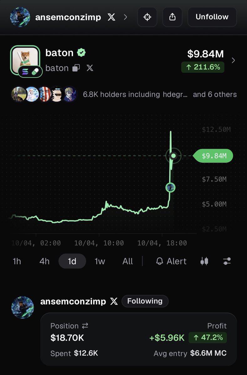 PumpfunEco's tweet photo. NEW: $baton rallies 97% following @blknoiz06’s buy, up 212% on the day! https://t.co/t3Yga5E26u