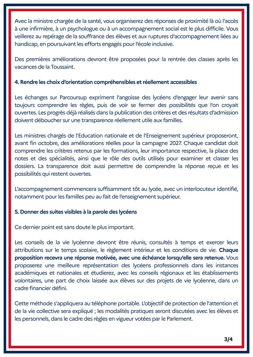 SebLecornu's tweet photo. Le Gouvernement fait aujourd’hui un pas supplémentaire pour répondre aux difficultés des lycéens et des personnels éducatifs. Je confie aux ministres une feuille de route avec cinq chantiers et de premières décisions attendues avant la fin du mois. Le ministre de l’Education nationale animera l’ensemble de ces travaux.

Ces chantiers viennent des sujets remontés des conseils académiques de la vie lycéenne, réunis ces derniers jours dans toutes les académies : ils sont le fruit des échanges avec celles et ceux qui acceptent le dialogue et le travail. Cet engagement doit avoir des suites concrètes.

Le travail portera sur les problèmes de fond : assurer les cours, améliorer les locaux avec les conseils régionaux qui en ont la responsabilité, mieux organiser les journées, rendre Parcoursup plus transparent et donner des suites à la parole des lycéens.

Les progrès accomplis doivent être poursuivis : le projet de budget 2027 prévoit encore 1,2 milliard d’euros supplémentaires pour l’Éducation nationale. Mais nous devons aussi corriger avec humilité ce qui reste insuffisant. Le débat parlementaire budgétaire le permettra.

Avant fin octobre, les premières décisions seront présentées avec leur financement et leur calendrier. Le dialogue doit produire des changements visibles dans les lycées.

Dans le même temps, nous ne céderons rien à la violence : soutien aux élèves et personnels agressés, aux policiers et gendarmes blessés. 

Nous accélérons en parallèle l’examen du projet de loi « casseur-payeur » pour faire supporter aux auteurs des dégradations le coût de leurs actes.

➡️ Retrouvez la lettre