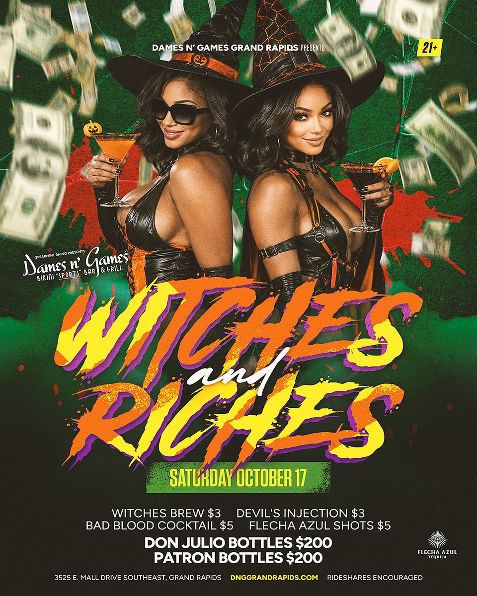 damesngameshq's tweet photo. ✨ We’re casting spells and making it rain on Saturday, October 17th for Witches and Riches 🧙‍♀️💸 

Trouble is brewing and the witches are running the floor all night 🍾 ✨

#WitchesAndRiches #GrandRapids #GrandRapidsMI #WeekendVibes https://t.co/nBmSCs1NPL