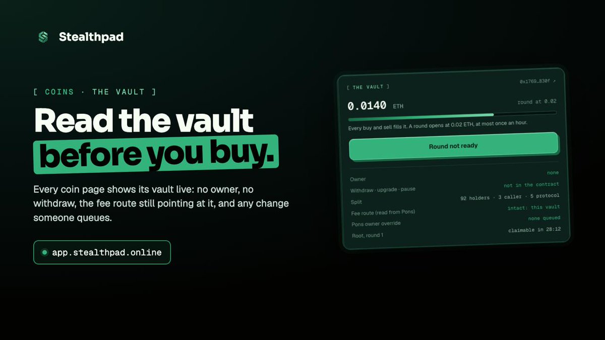 stealthpadRH's tweet photo. Before you buy a coin on Stealthpad, read its vault.

Every coin page shows it live: no owner, no withdraw function, the 92 / 3 / 5 split, whether the fee route still points at the vault, and any change someone has queued. If anything looks off, you see it before you trade.

https://t.co/5TLNkMJFdk $STEALTH