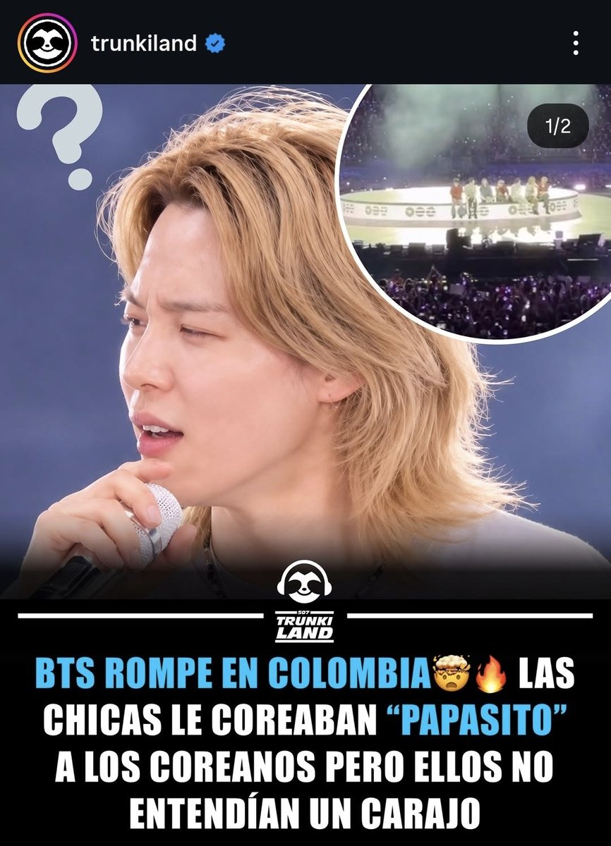 JiminGlobal's tweet photo. Popular Panamanian digital platform Trunkiland shared the moment when people were screaming "Papasito" (handsome/hot guy) during Jimin's speech in Arirang Bogota Concert!

Trunkiland is known to feature viral content, entertainment, and local happenings.

#JimtoberEnBogotá https://t.co/airgcEjyfW