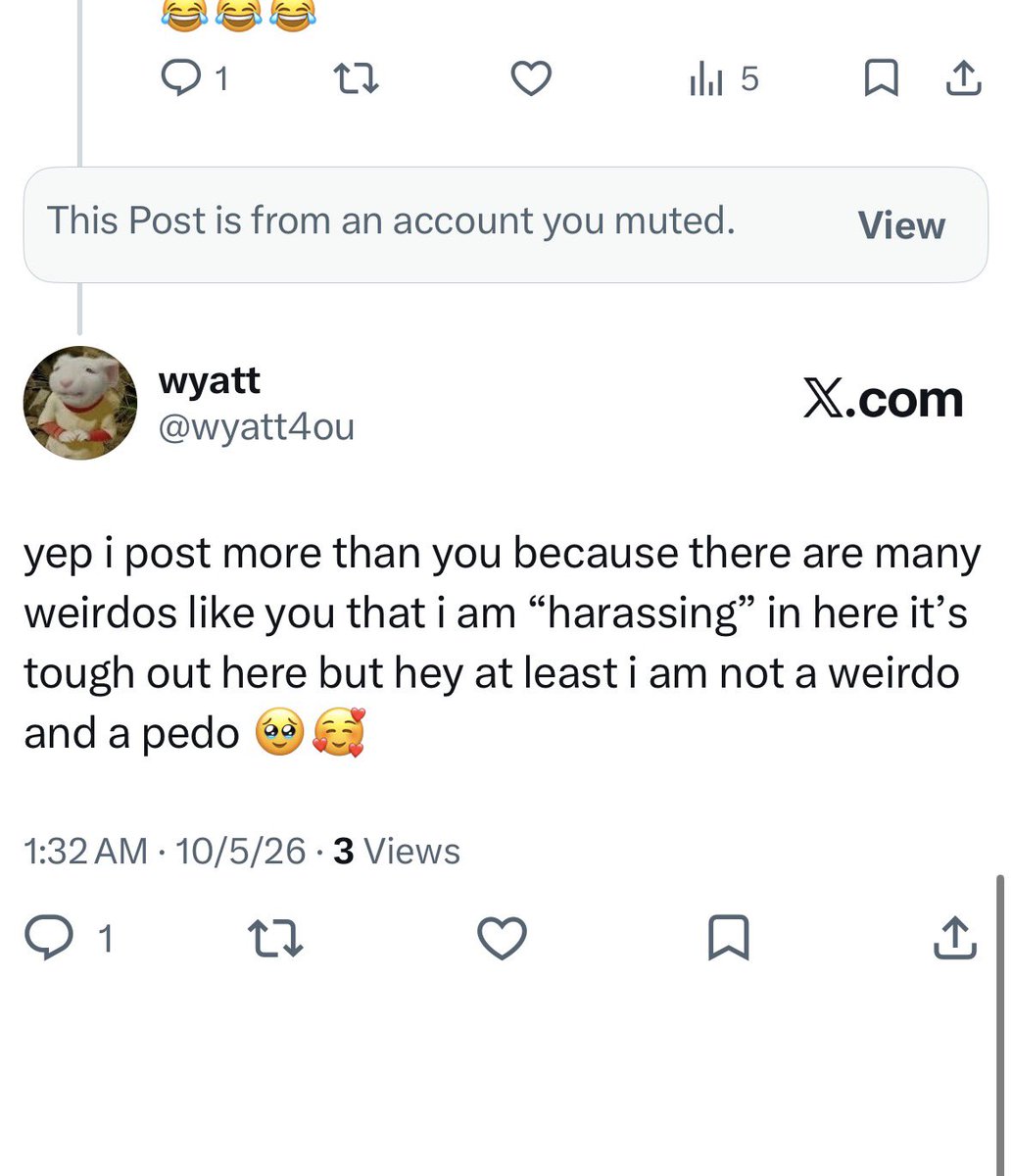 wyatt4ou's tweet photo. @Canvaa_09 the pedo is still talking but sucks for u i ain’t reading that shi 😂 https://t.co/1p381uobEf
