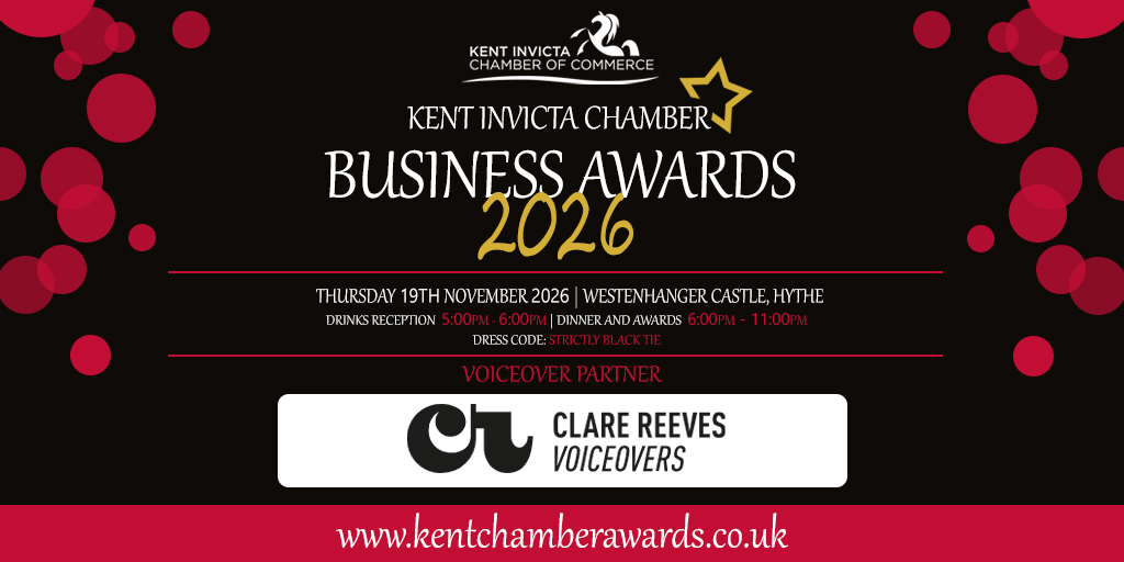 InvictaChamber's tweet photo. We’re pleased to be working with Clare Reeves Voiceovers, whose professional voice work helps shape the sound of the evening, from category introductions to winner announcements.

Join us for an evening that celebrates Kent’s business community in style: https://t.co/1zJLj9XfU5 https://t.co/9b6yQ9VctN