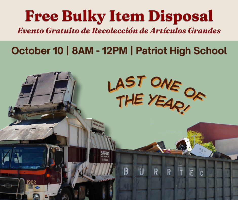 jurupaValleyGov's tweet photo. Don't miss our last FREE Bulky Item Disposal Event of the year! ♻️ 

Dispose of unwanted appliances, furniture, and electronic waste on Saturday, October 10 from 8AM to 12PM at Patriot High School (4355 Camino Real). Proof of residency required. https://t.co/Y6k7PzhmSn