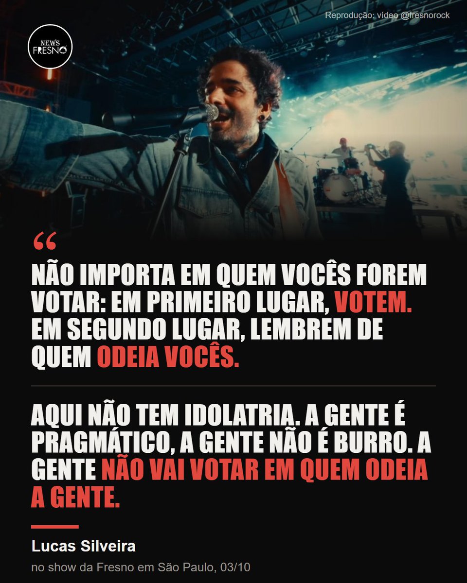 NewsFresno's tweet photo. O recado do Lucas Silveira no show da Fresno em SP, ontem (03/10), antes de "Revanche" 🖤

Hoje é dia: vá votar. 🗳️

@fresnorock @lucasfresno https://t.co/QqTL1nHJcW