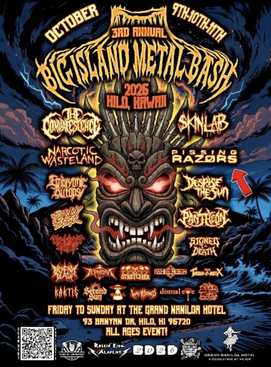 PISSINGRAZORS's tweet photo. Gonna hammer ‘em in Hawaii 🤙🏼
🔥BIG ISLAND 🌋 METAL BASH 🔥
 
💥We take the stage on FRI / OCT 9, 8:10-9:25💥

Hilo, Hawaii
Grand Naniloa Hotel Hilo
Happening in “The Crown”
#pissingrazors #texasgroovemetal #bigislandmetalbash #hawaii #musicislife https://t.co/C8wmJrYoZ6