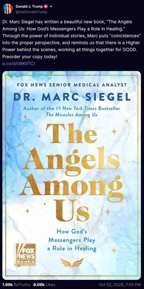 Kabamur's tweet photo. Trump promotes a new book about angels. 

"puts coincidences into the proper perspective and reminds us that there is a Higher Power behind the scenes, working all things together for GOOD."

Trump believes in angels more than any other Christian doctrine.

All roads lead to Galactic Federation.