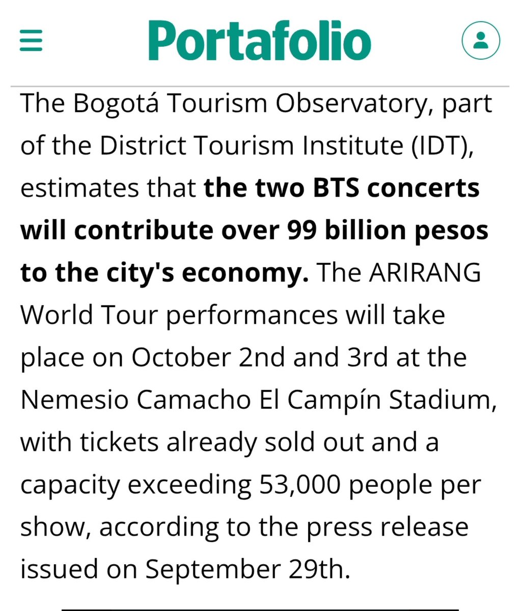 Yoon_kookie97's tweet photo. [NEWS] “#BTS in Bogotá: their two concerts will generate more than $99 billion for the city's economy” 🔥

- “The Bogotá Tourism Observatory, part of the District Tourism Institute , estimates that the two BTS concerts will contribute over 99 billion pesos to the city's economy” https://t.co/u4qrgtI11l