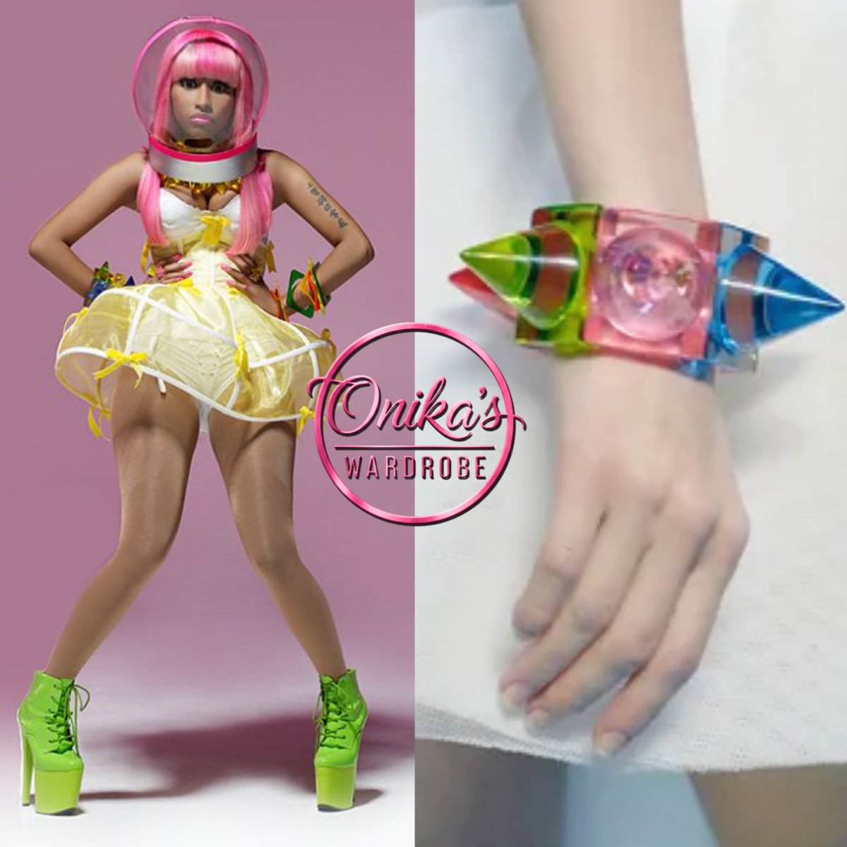onikaswardrobe's tweet photo. Pink Friday Album, Photoshoot (2010)

Nicki Minaj wearing custom skirt by Niki Schwan with a colorful Karl Lagerfeld x Sobral Runway "Sabrina" spike resin bracelet from the Karl Lagerfeld Spring 2008 Ready-to-Wear Collection paired with lime green Pleaser boots. https://t.co/PoNwm37kbT