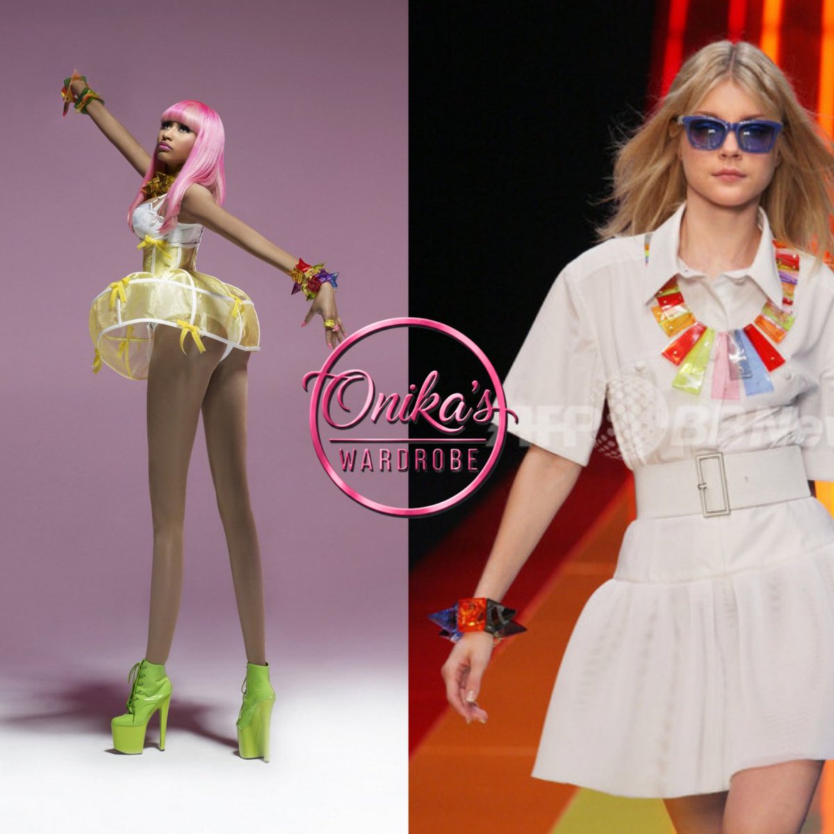 onikaswardrobe's tweet photo. Pink Friday Album, Photoshoot (2010)

Nicki Minaj wearing custom skirt by Niki Schwan with a colorful Karl Lagerfeld x Sobral Runway "Sabrina" spike resin bracelet from the Karl Lagerfeld Spring 2008 Ready-to-Wear Collection paired with lime green Pleaser boots. https://t.co/PoNwm37kbT