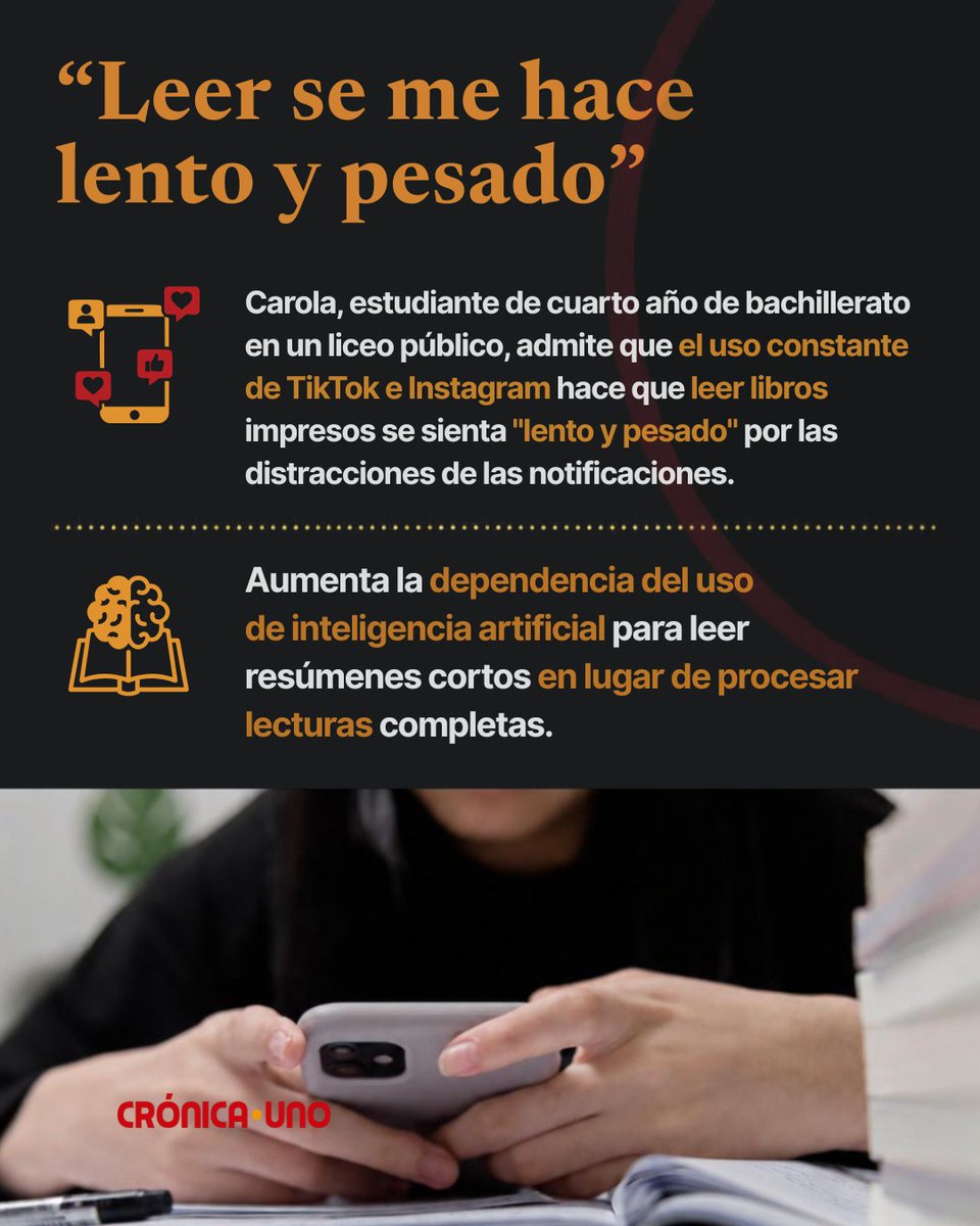 CronicaUno's tweet photo. 📚 #Educación | Siete de cada diez estudiantes venezolanos no logran comprender lo que leen ni formular opiniones críticas sobre un texto, revela el informe Secel de la @ucab.

La sobreexposición a pantallas sin supervisión agrava la crisis de aprendizaje.

Especialistas advierten que dedicar más de tres horas diarias a contenidos digitales afecta la concentración, el vocabulario y el pensamiento crítico desde la infancia.

✍️ Por Betania Franquis
📌 Lee el reporte completo en @cronicauno:
https://t.co/8hQSAD6N5x

#LosHechosComoSon #Educación #Venezuela #UCAB