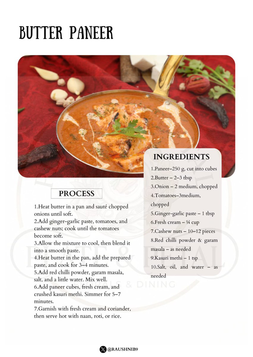 Raushnib9's tweet photo. #ButterPaneer #PaneerLover #PaneerRecipe #IndianFood
#VegFood #NorthIndianFood #Foodie #FoodLovers
#HomemadeFood #CreamyPaneer #TastyFood #DinnerIdeas
#PlateAndPetal #IndianRecipes #FoodInspiration 🧈🧀✨ https://t.co/ufZGru07C5