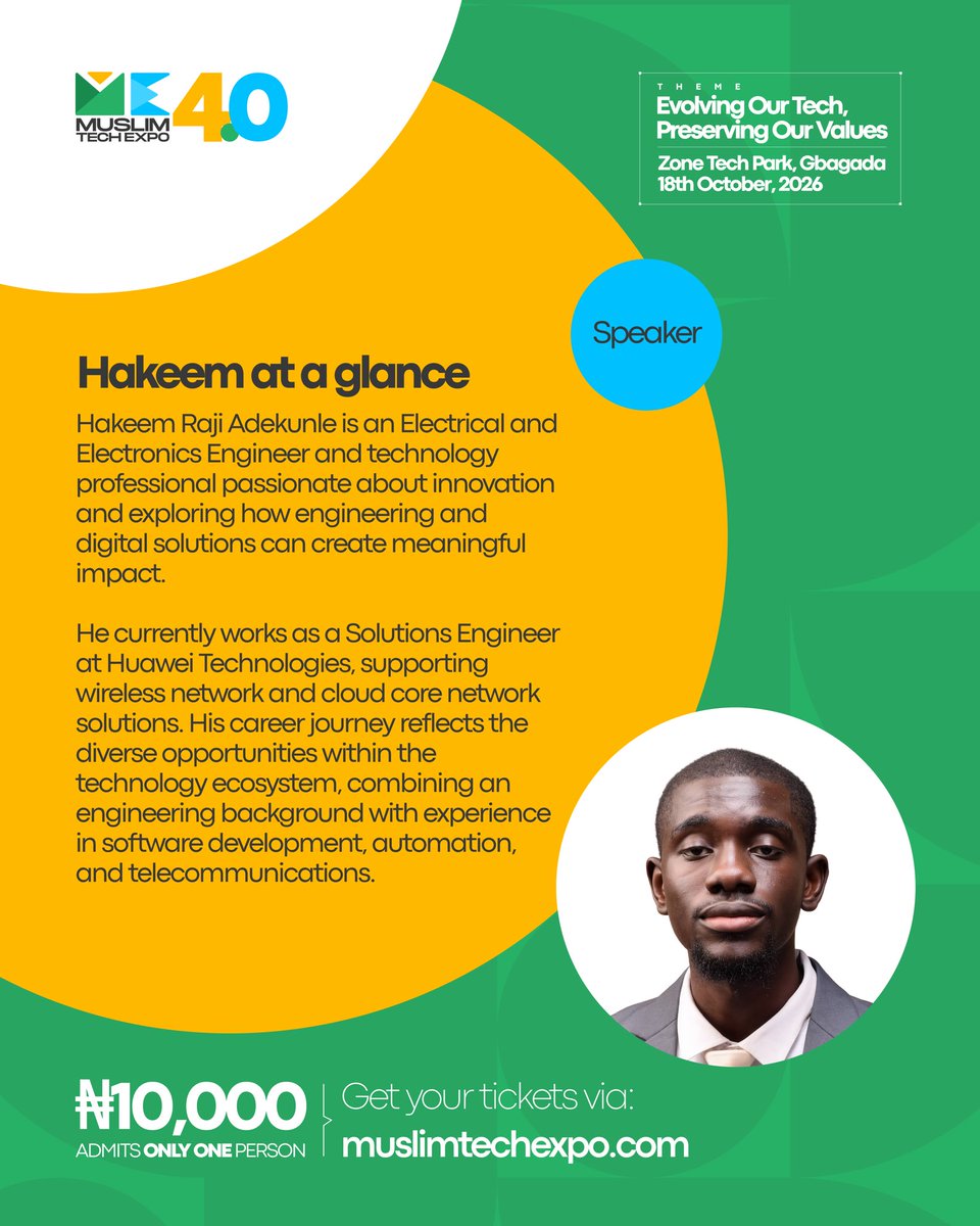 Muslimtechexpo's tweet photo. They say that as a young person, you need to explore different paths before you figure out your thing.

Hakeem Raji Adekunle has explored different sides of the tech ecosystem and now works as a Solutions Engineer at Huawei Technologies. https://t.co/YvKzUV8h70