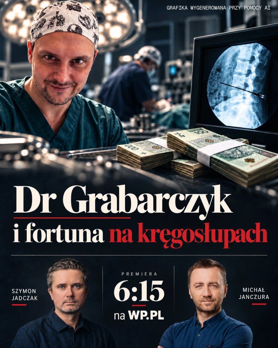 wirtualnapolska's tweet photo. 🔴Dr Grabarczyk i fortuna na kręgosłupach.

@SzJadczak i @jan_czura ujawnią szczegóły oburzającej afery neurochirurgów. Lekarz celebryta pracował kilka dni w miesiącu i zarobił fortunę.

📍Premiera już jutro (poniedziałek) o 6:15 na https://t.co/OOvsflXzGU https://t.co/KnZD0ybwth