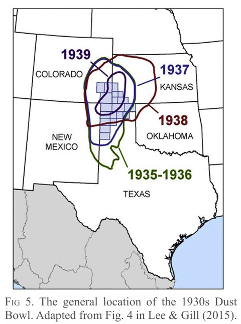ChrisMartzWX's tweet photo. It seems people like Fran still don't understand what the “Dust Bowl” actually was.

The term “Dust Bowl” does not refer to the decade-long drought that spanned North America. It also does not refer to the record-shattering heatwaves in the U.S. and Canada that were recorded in 1930, 1933, 1934, 1936, and 1939.

Instead, the term “Dust Bowl” refers to the [relatively] small geographical area affected by the most severe dust storms in the 1930s. Specifically, the areas were the Texas and Oklahoma panhandles, southwestern Kansas, and southeastern Colorado (Lee & Gill, 2015, see the first image).

🔗https://t.co/m5OgECN40Q

While farming practices (specifically, the plowing of deep-rooted perennial prairie grasses and replacing them with shallow-rooted annual crops like wheat) likely contributed significantly to the incidence of dust storms, the drought itself and associated heatwaves across the North American continent were primarily natural and forced by anomalous tropical Pacific and North Atlantic sea surface temperatures (i.e., La Niña and +AMO). Only ~30% of Great Plains land area had been plowed for farming by 1930 (e.g., Cunfer, 2005); farmers generally adapted to the Plains landscape rather than changed it.

🔗https://t.co/A8a1VdQjiq

Tree ring-based proxy reconstructions also indicate that 1930s-like droughts have occurred in the Great Plains once or twice per century, on average, for at least the past 10,000 years (Herweijer et al., 2007; Miao et al., 2007). The second image shows some of these past droughts I personally identified looking through the North American Drought Atlas.

🔗https://t.co/dh1HYJXQVt

🔗https://t.co/cOQ1aZhTlA

Many of these past Great Plains droughts, including two in the 19th century alone (circa 1818–25 and the 1854–65 “Civil War Drought”), exceed the 1930s in terms of both spatial extent and magnitude, and were comparable in duration (e.g., Muhs & Holliday, 1995; Burnette & Stahle, 2012). Early settlers described the region as a de-facto desert with blowing sand.

🔗https://t.co/gdHDSGUYVB

🔗https://t.co/khyWYAEUX5

In 1855, U.S. Army Lieutenant Gouverneur Kembel Warren (known as G. K. Warren), who would later become a general during the American Civil War and crowned the “Hero of Little Round Top,” described the Nebraska Sand Hills as, 

🗨️ “𝘛𝘩𝘦 𝘚𝘢𝘯𝘥 𝘏𝘪𝘭𝘭𝘴 (𝘭𝘦𝘴 𝘉𝘶𝘵𝘵𝘦𝘴 𝘥𝘦 𝘚𝘢𝘣𝘭𝘦) 𝘱𝘳𝘦𝘴𝘦𝘯𝘵 𝘵𝘩𝘦𝘪𝘳 𝘮𝘰𝘴𝘵 𝘤𝘩𝘢𝘳𝘢𝘤𝘵𝘦𝘳𝘪𝘴𝘵𝘪𝘤 𝘢𝘱𝘱𝘦𝘢𝘳𝘢𝘯𝘤𝘦 𝘫𝘶𝘴𝘵 𝘯𝘰𝘳𝘵𝘩 𝘰𝘧 𝘵𝘩𝘦 𝘊𝘢𝘭𝘢𝘮𝘶𝘴 𝘳𝘪𝘷𝘦𝘳, 𝘴𝘱𝘳𝘦𝘢𝘥 𝘰𝘶𝘵 𝘪𝘯 𝘦𝘷𝘦𝘳𝘺 𝘥𝘪𝘳𝘦𝘤 𝘵𝘪𝘰𝘯 𝘵𝘰 𝘵𝘩𝘦 𝘦𝘹𝘵𝘳𝘦𝘮𝘦 𝘷𝘦𝘳𝘨𝘦 𝘰𝘧 𝘵𝘩𝘦 𝘩𝘰𝘳𝘪𝘻𝘰𝘯. 𝘛𝘩𝘦 𝘴𝘢𝘯𝘥 𝘪𝘴 𝘯𝘦𝘢𝘳𝘭𝘺 𝘸𝘩𝘪𝘵𝘦, 𝘰𝘳 𝘭𝘪𝘨𝘩𝘵𝘪𝘴𝘩 𝘺𝘦𝘭 𝘭𝘰𝘸, 𝘢𝘯𝘥 𝘪𝘴 𝘢𝘣𝘰𝘶𝘵 𝘵𝘩𝘳𝘦𝘦-𝘧𝘰𝘶𝘳𝘵𝘩𝘴 𝘤𝘰𝘷𝘦𝘳𝘦𝘥 𝘸𝘪𝘵𝘩 𝘤𝘰𝘢𝘳𝘴𝘦 𝘨𝘳𝘢𝘴𝘴 𝘢𝘯𝘥 𝘰𝘵𝘩𝘦𝘳 𝘱𝘭𝘢𝘯𝘵𝘴... 𝘛𝘩𝘦 𝘴𝘤𝘦𝘯𝘦𝘳𝘺 𝘪𝘴 𝘦𝘹𝘤𝘦𝘦𝘥𝘪𝘯𝘨𝘭𝘺 𝘴𝘰𝘭𝘪𝘵𝘢𝘳𝘺, 𝘴𝘪𝘭𝘦𝘯𝘵, 𝘢𝘯𝘥 𝘥𝘦𝘴𝘰𝘭𝘢𝘵𝘦, 𝘢𝘯𝘥 𝘥𝘦𝘱𝘳𝘦𝘴𝘴𝘪𝘯𝘨 𝘵𝘰 𝘰𝘯𝘦’𝘴 𝘴𝘱𝘪𝘳𝘪𝘵𝘴.”

More accounts suggest that there were similar heat extremes to the 1930s in the Great Plains during the 1820s. James (1823) recounts Stephen Long's journey through southwestern Nebraska’s Imperial and Lincoln counties in June 1820 and he noted “extensive districts covered entirely with loose and fine sand” south of the South Platte River. Long also noted that,

🗨️ “𝘛𝘩𝘦 𝘪𝘯𝘵𝘦𝘯𝘴𝘦 𝘳𝘦𝘧𝘭𝘦𝘤𝘵𝘪𝘰𝘯 𝘰𝘧 𝘭𝘪𝘨𝘩𝘵 𝘢𝘯𝘥 𝘩𝘦𝘢𝘵 𝘧𝘳𝘰𝘮 𝘵𝘩𝘦 𝘴𝘶𝘳𝘧𝘢𝘤𝘦 𝘰𝘧 𝘯𝘢𝘬𝘦𝘥 𝘴𝘢𝘯𝘥... 𝘢𝘥𝘥𝘦𝘥 𝘮𝘶𝘤𝘩 𝘵𝘰 𝘵𝘩𝘦 𝘧𝘢𝘵𝘪𝘨𝘶𝘦 𝘢𝘯𝘥 𝘴𝘶𝘧𝘧𝘦𝘳𝘪𝘯𝘨 𝘰𝘧 𝘰𝘶𝘳 𝘫𝘰𝘶𝘳𝘯𝘦𝘺.”

🔗https://t.co/AtfgRJdACy

Army Fort data (you can access it from NOAA NCEI) also show that summers during the late 1850s and 1860s may have been similar to those in the 1930s. I attached daily weather observations from Manhattan, Kansas from July 1860 in the third image below. The high temperature of 115°F on July 9, 1860, is only eclipsed by 116°F measured on August 13, 1936.

Drought conditions in the 1930s were undoubtedly amplified by positive land surface feedbacks, but those feedbacks were primarily a response to natural devegetation of the landscape from persistent rainfall deficits in the late 1920s and 1930s, not mechanized agriculture. The occurrence of similar, if not worse droughts in the Great Plains in past centuries which predate mechanized agriculture only further supports the idea that the 1930s drought was natural.