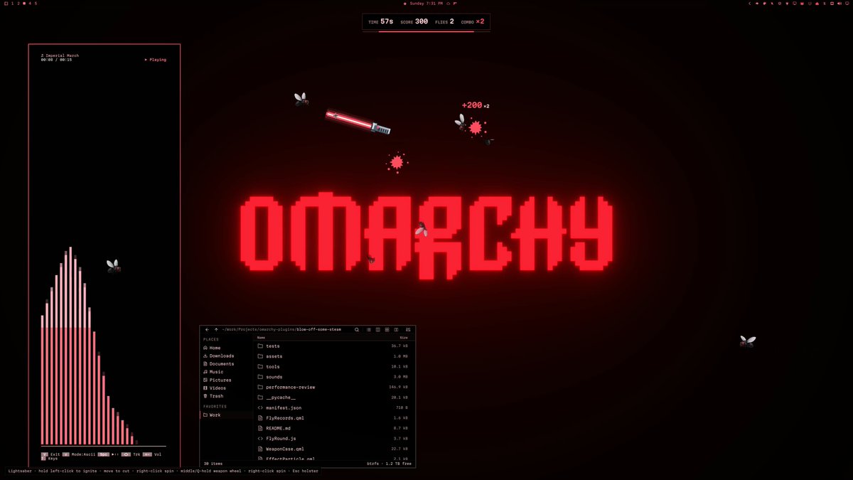 A pixel-art style rhythm game interface on a Linux desktop displays the word "OMARCHY" in large red letters, with a lightsaber weapon sprite and flies around it, alongside a file manager window showing project files.
