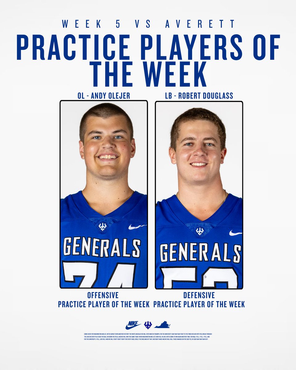 Generals_Fball's tweet photo. GENERALS PLAYERS OF THE GAME  
OFF - (Sr.) Michael Schoenberg  
DEF - (Sr.) Gabe Joyner
SPT - (Fr.) Fulton Weaver

PRACTICE PLAYERS OF THE WEEK  
OFF - (Fr.) Andy Olejer 
DEF - (Fr.) Robert Douglass 
#WE #GWD https://t.co/clm1RxVQjJ