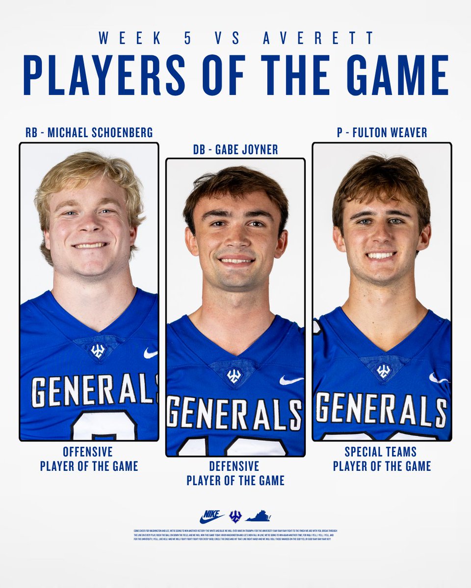 Generals_Fball's tweet photo. GENERALS PLAYERS OF THE GAME  
OFF - (Sr.) Michael Schoenberg  
DEF - (Sr.) Gabe Joyner
SPT - (Fr.) Fulton Weaver

PRACTICE PLAYERS OF THE WEEK  
OFF - (Fr.) Andy Olejer 
DEF - (Fr.) Robert Douglass 
#WE #GWD https://t.co/clm1RxVQjJ