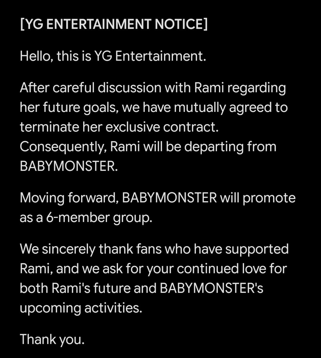 itgirlramiii's tweet photo. #RAMI has officially left babymonster and yg entertainment https://t.co/EvOQZRF8RD