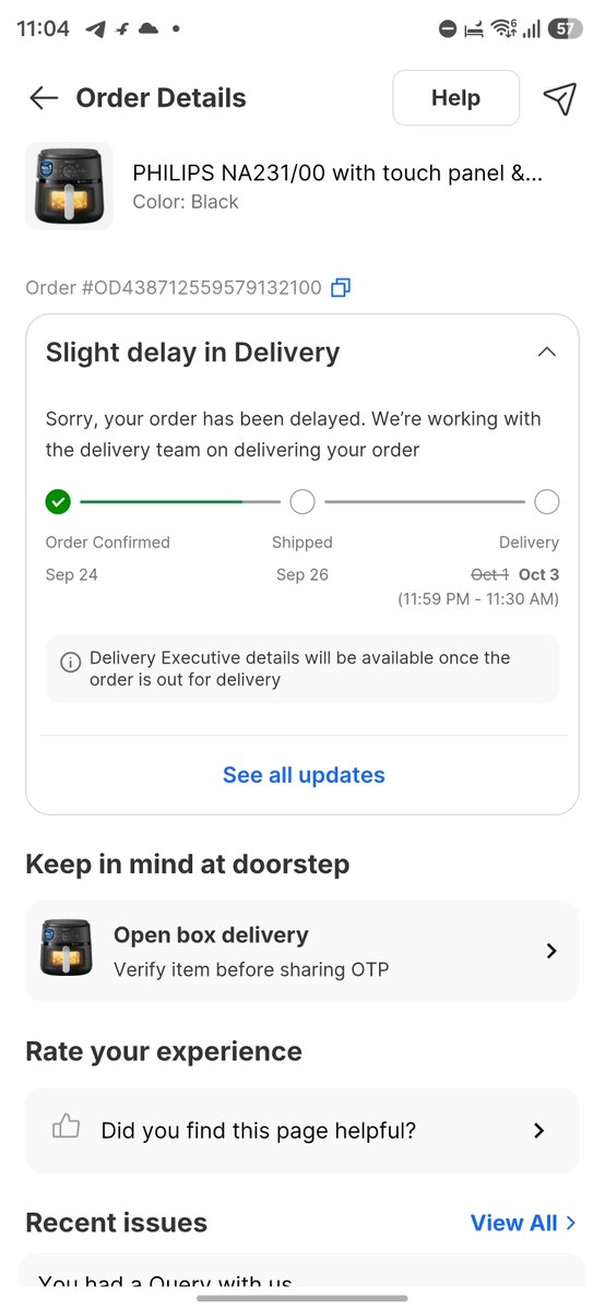 coolshek11's tweet photo. Pathetic service from @Flipkart @flipkartsupport! Order #OD438712559579132100 confirmed Sep 24, promised for Oct 1, postponed to Oct 3, then Oct 4, and now Oct 5! Your app isn't even updating tracking status properly. https://t.co/2IYjzm3Uwj