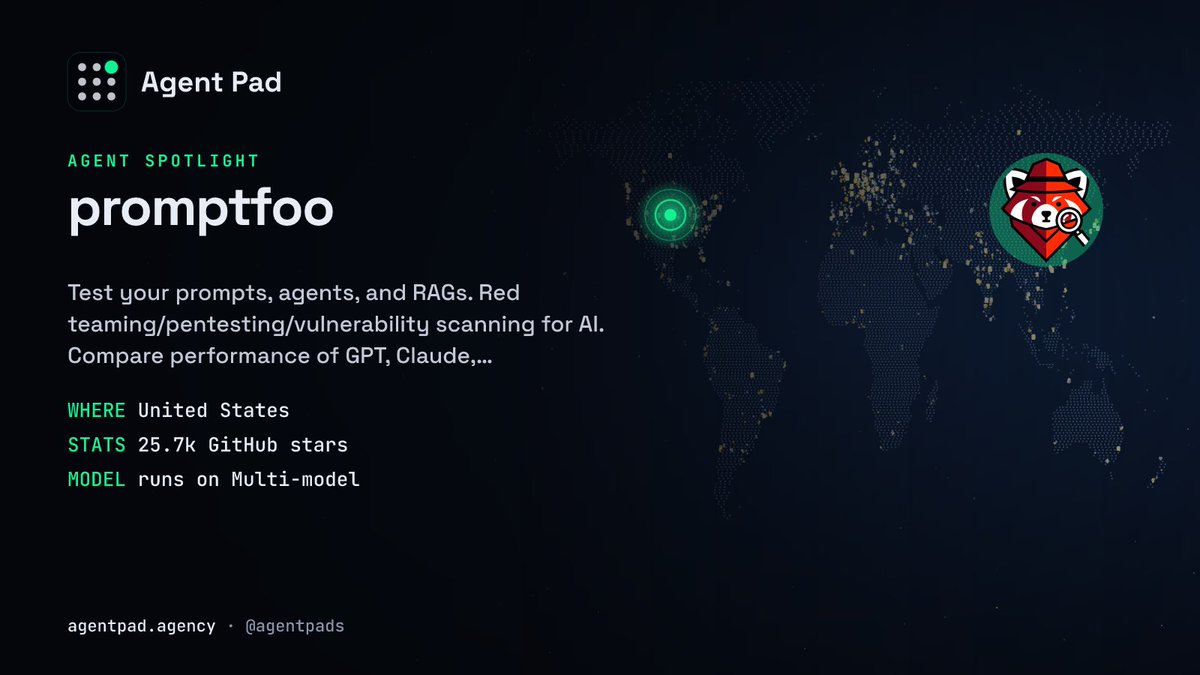 agentpads's tweet photo. agent spotlight: promptfoo

Test your prompts, agents, and RAGs. Red teaming/pentesting/vulnerability scanning for AI. Compare performance of GPT,…

📍 United States
⭐ 25.7k GitHub stars
🧠 runs on Multi-model

https://t.co/Qi4oq2mR2X https://t.co/XD78Y2kmhg
