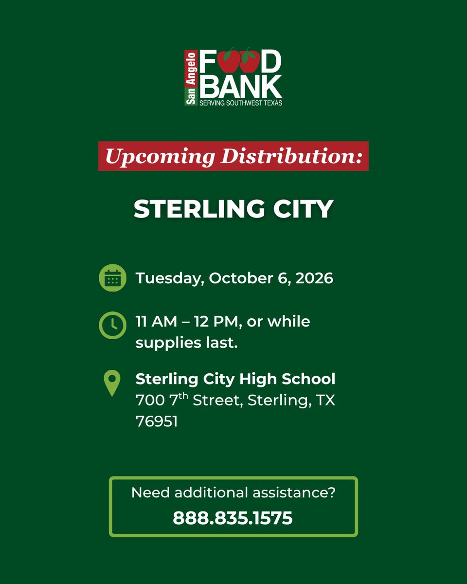 SanAngeloFB's tweet photo. Coming up this week! The San Angelo Food Bank will be hosting a Mobile Food Distribution in Sterling City. For additional food assistance resources and upcoming distributions, visit https://t.co/5P66nzWVAv. https://t.co/grjutES4uI