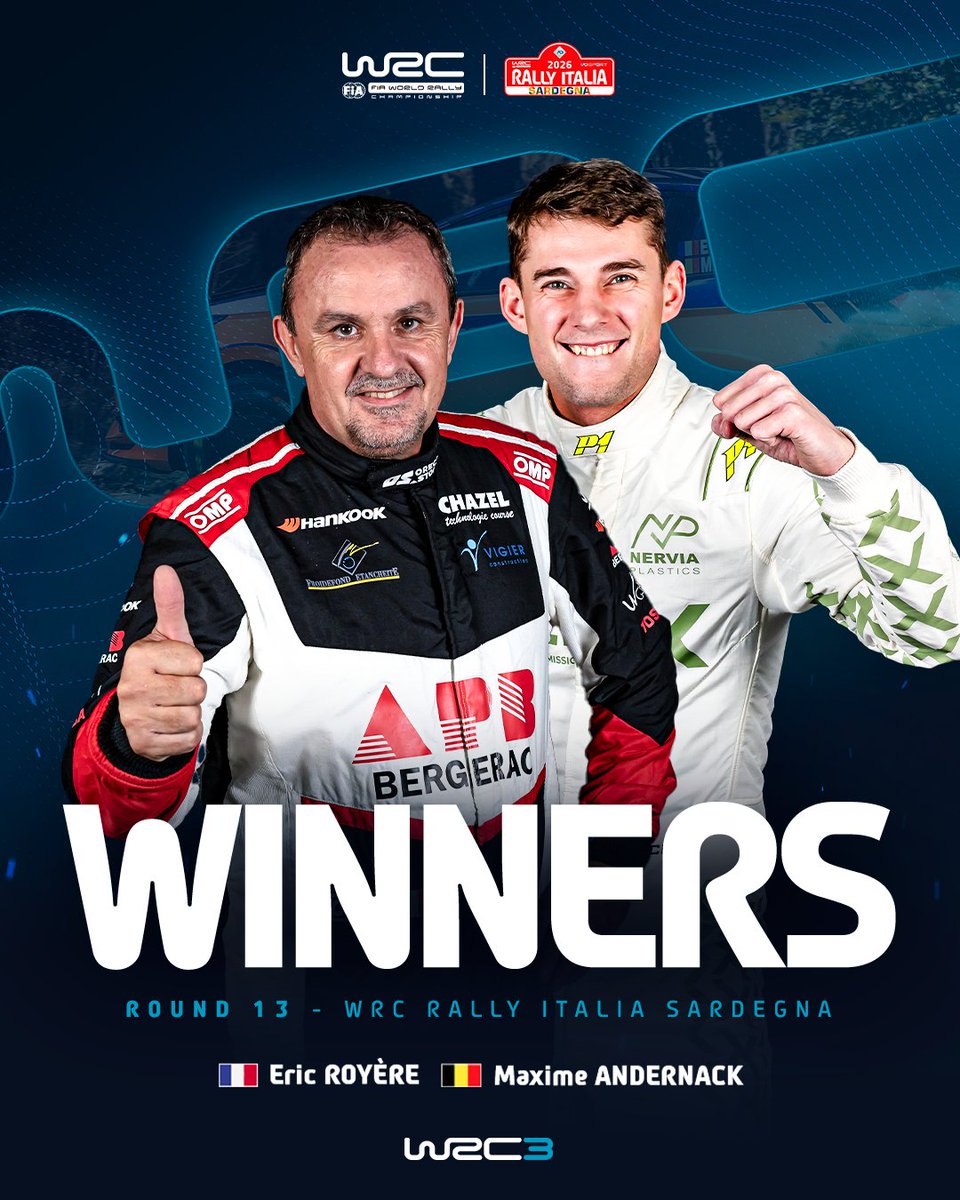 OfficialWRC's tweet photo. Congratulations to Eric Royère and Maxime Andernack on their #WRC3 win at Rally Italia Sardegna! 🏆
#WRC | #RallyItaliaSardegna 🇮🇹 https://t.co/WeZNAkvVB7
