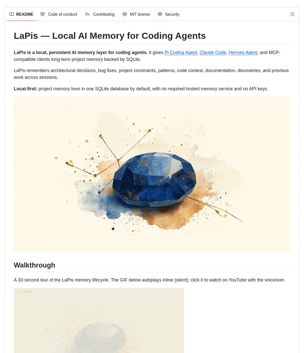 LaPis repository page showing local persistent memory for coding agents, including SQLite storage, session recall, code and docs indexing, and Claude Code / Hermes integrations