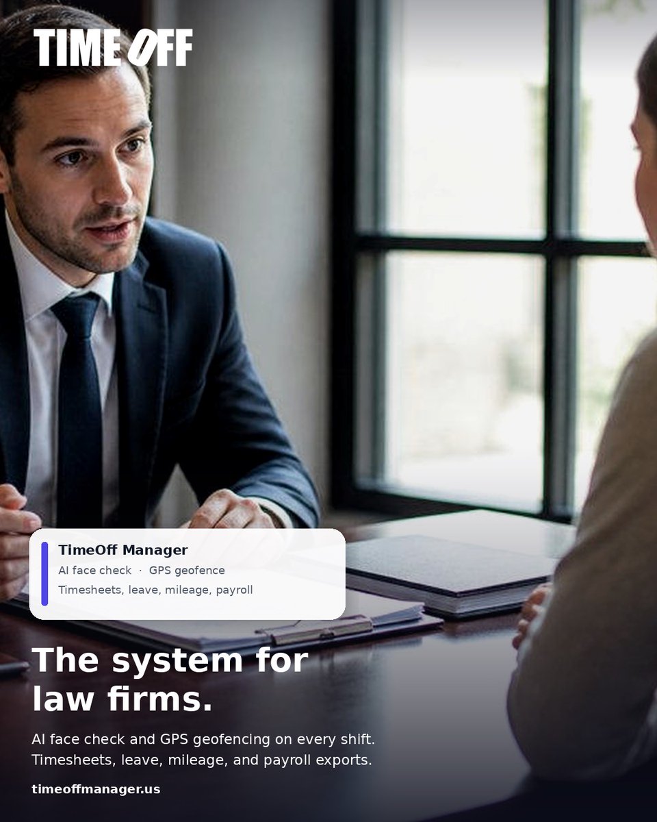 timeoffmanager's tweet photo. Law firms, same system. Time off and attendance stay together, with a face check and a GPS fence on every shift. Timesheets, leave, mileage, and payroll exports live in one place.
https://t.co/Cn1hZUfZXH
#TimeOffManager #LawFirm #LegalOps #TimeTracking #PTO #Geofence #Payroll #BillableHours