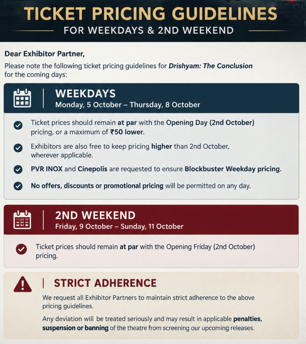Gaurav_5599's tweet photo. Pricing Instructions frm Distributor of #DrishyamTheConclusion for weekdays & 2nd Weekend.
#AjayDevgn | #Drishyam3 https://t.co/fHOAk8z1Cu