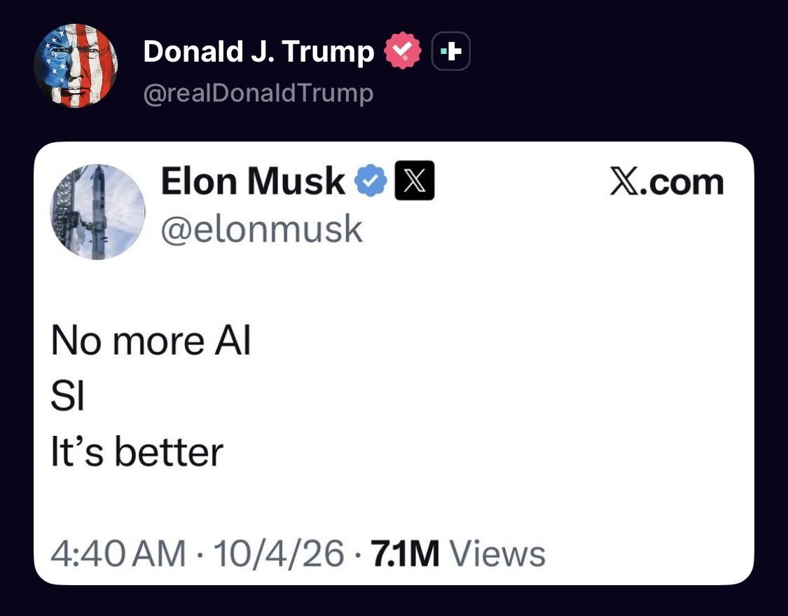 cb_doge's tweet photo. BREAKING: President Trump just shared Elon Musk’s post about superintelligence. https://t.co/Bk6xRKnmV8