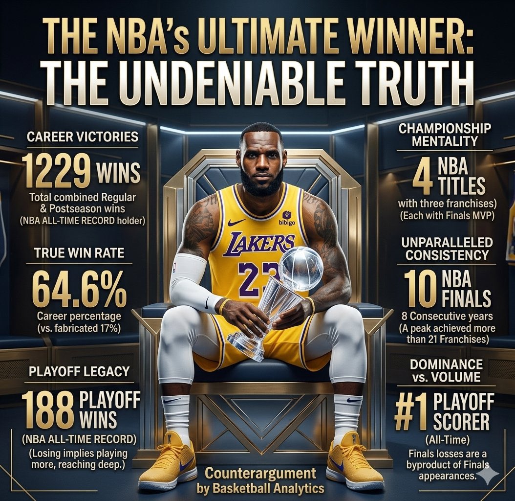 NycVipers's tweet photo. 1. The Myth of the "Ultimate Loser"
•The Reality: LeBron James is the all-time winningest player in NBA history. When combining regular-season and postseason victories, he has accumulated an unmatched 1,229 career wins. 

2. High Loss Volume = Historic Volume of Play
•Playoff & Finals Losses: The haters point out his playoff and Finals losses, but skip the math. LeBron has lost games because he has played in 10 NBA Finals and a record 302 playoff games. 
•Playoff Wins Record: He doesn't just have playoff losses; he holds the NBA record for the most playoff wins in history (188). To put his success in perspective, LeBron has more playoff wins than 21 active NBA franchises combined in their entire histories. 
•The Finals Argument: While he has 6 Finals losses, criticizing a player for losing in the Finals implies it is somehow better to lose in the 1st or 2nd round. Reaching the Finals 10 times—including 8 consecutive years from 2011 to 2018—is a feat of modern dominance unmatched by any other individual or franchise in the modern era. 

3. Blatantly Fabricated Stats
•"17% Career Winrate": This is completely false. LeBron James has a spectacular .646 career winning percentage in the regular season and a .623 winning percentage in the playoffs. 
•"19 Years of Losing": LeBron has won 4 NBA Championships with three different franchises, taking home 4 Finals MVP awards. He has spent nearly two decades executing deep postseason runs rather than watching from home. 
Goat 🐐 James 👑🎤
@NBA 
@ESPNNBA 
@BleacherReport 
@ESPNInsights 
@NBATV 
@colincowherd 
@getnickwright