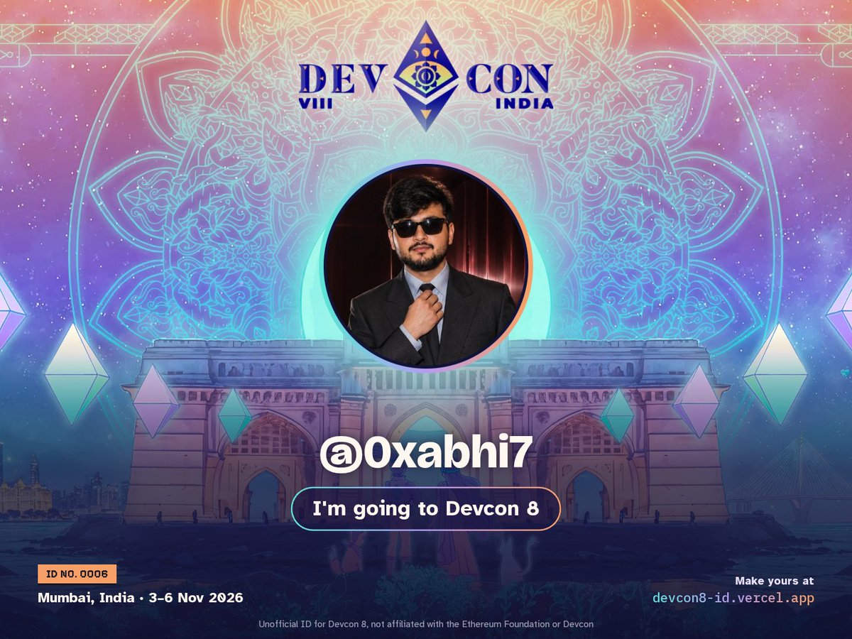 0xabhi7's tweet photo. I'm going to Devcon 8 😎
See you at Mumbai 🇮🇳
.
.
@EFDevcon
@ETHGlobal
@og_guild
#devcon #devcon8 #devcon8mumbai
my Devcon 8 card from 👇
https://t.co/bdwwiJKqQU https://t.co/jKb4R2byyE