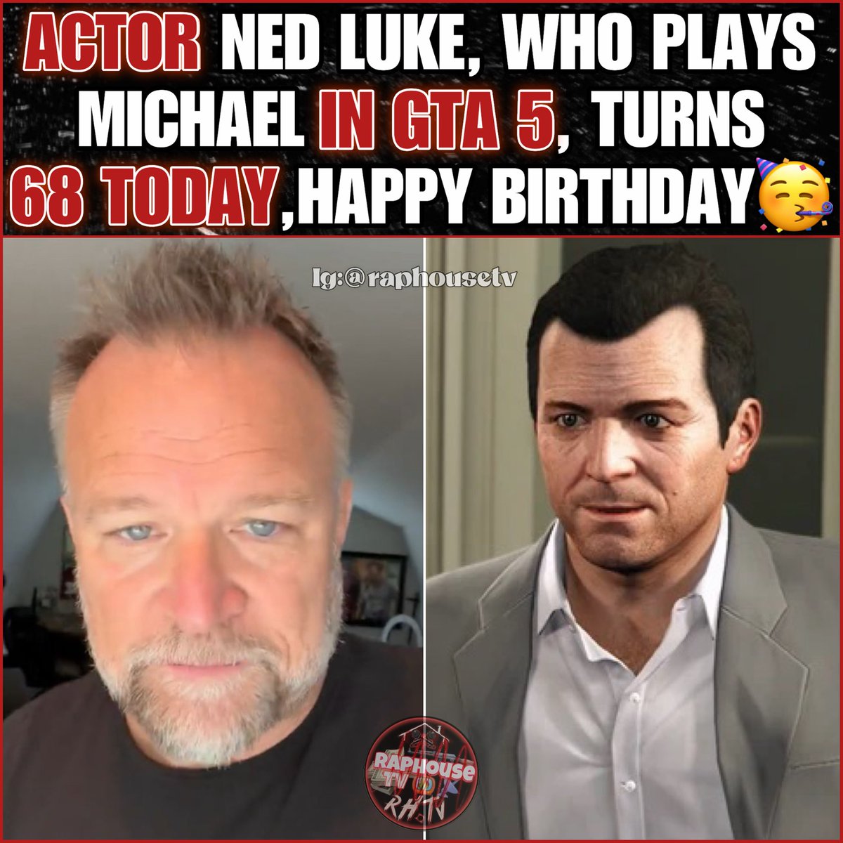 raphousetv2's tweet photo. Actor Ned Luke, who plays Michael in GTA 5, turns 68 today,Happy Birthday 🥳 https://t.co/oJSH5r1Lfk