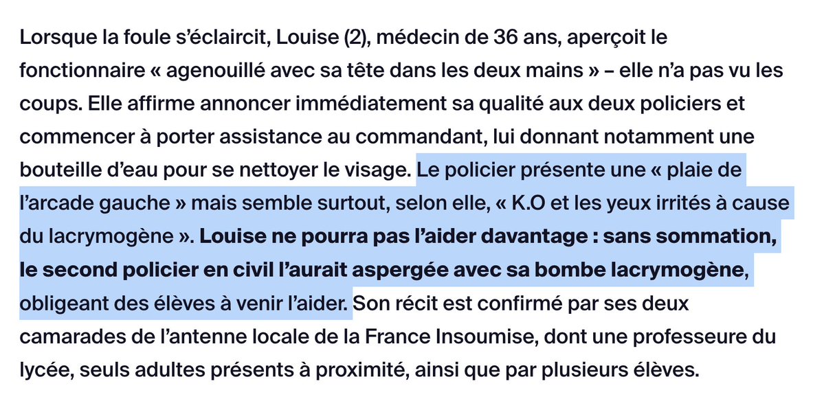 K1000Journalist's tweet photo. On apprend donc dans @streetpress qu'une femme de 36 ans, médecin, a essayé de venir en aide au policier blessé... mais s'est faite gazer par son collègue.

Vous gazez même les médecins qui viennent vous porter secours ? Faut pas vous étonner que tout le monde vous déteste. https://t.co/5Aj1V3eT0e