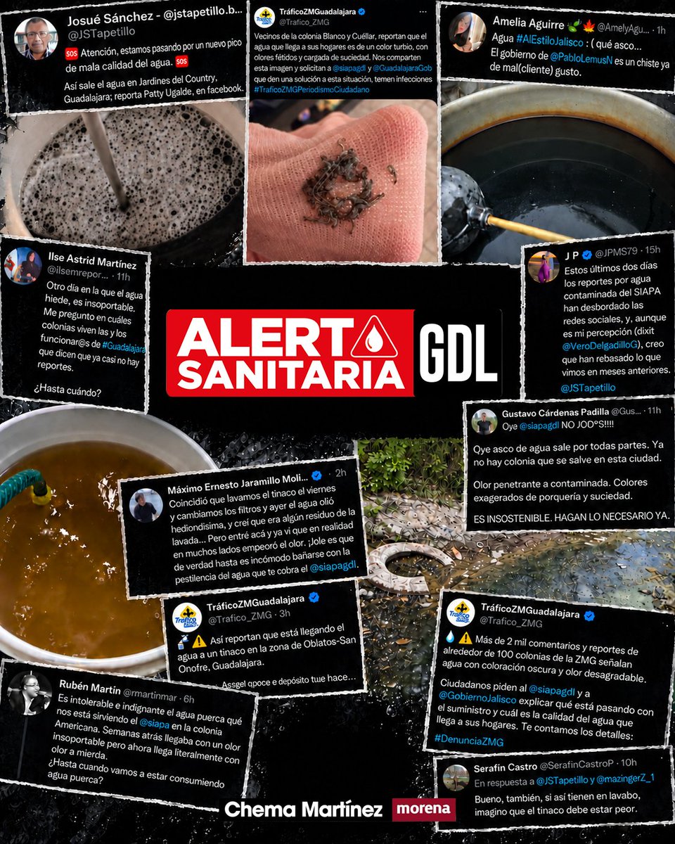 chemamtz_'s tweet photo. Esto ya es insostenible.

Las redes sociales se han desbordado con motivo del #AguaPuerca que el gobierno de Movimiento Ciudadano  esta mandado a las casas en #Guadalajara. ¡Literal con olor a caca!

No vamos a normalizar el #AguaPuerca. Exigimos #AlertaSanitariaYa.

#Guadalajara #ChemaMartínez #SIAPA