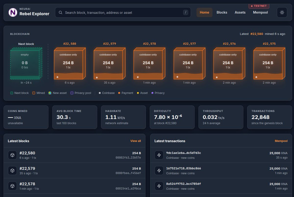 neuraiproject's tweet photo. 🛠️Updating: Neurai RPC Explorer
We've updated our secondary explorer to reflect the new data in Neurai. We've created a version similar to the Mempool_Space block system, but built from scratch.

It's currently in its initial stage, but it will provide useful information about privacy pools, and it now indicates in the blocks when one contains a private transaction.

Currently available only on Testnet:
https://t.co/kxaOGPk9cm

#Neurai #XNA neurai:native #Privacy #Mempool