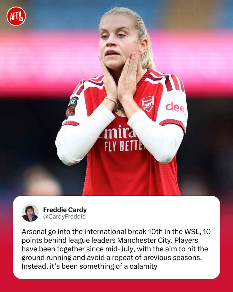 AFTVMedia's tweet photo. Arsenal Women head into the international break 10th in the WSL and already 𝐓𝐄𝐍 points off the top... 😑

This was supposed to be the season we hit the ground running. Instead, it’s been a disaster so far! 

𝐒𝐞𝐫𝐢𝐨𝐮𝐬𝐥𝐲, 𝐰𝐡𝐚𝐭’𝐬 𝐡𝐚𝐩𝐩𝐞𝐧𝐢𝐧𝐠 𝐭𝐨 𝐮𝐬?! 🤨 https://t.co/2r4FiOLBmO
