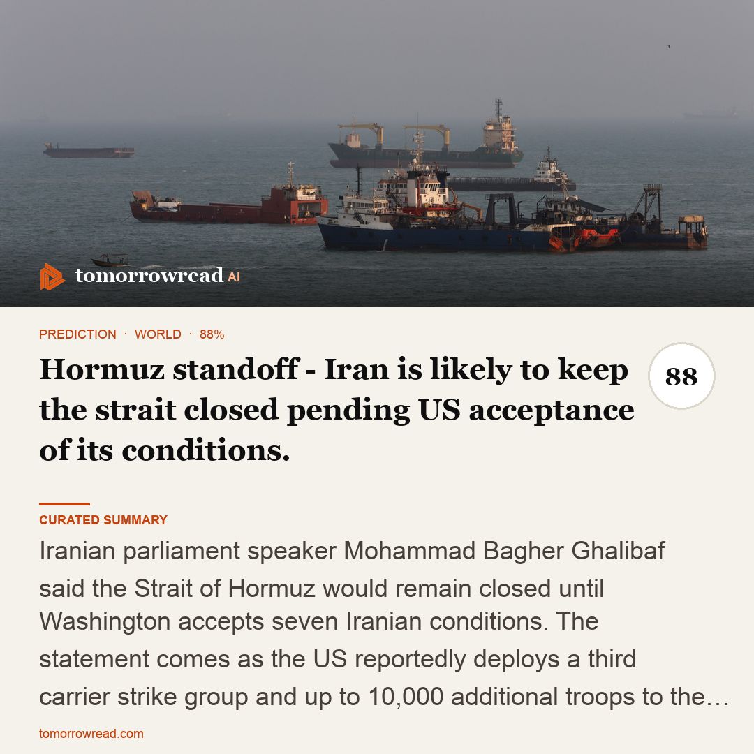 tomorrowread's tweet photo. Iran says Hormuz will stay closed until the US accepts its conditions, threatening a critical energy route. Flydubai cockpit attack triggers an international investigation.

https://t.co/ixzxh9KHch

#TomorrowRead #AI #WorldNews #Foresight #News https://t.co/PKjFI56vsv