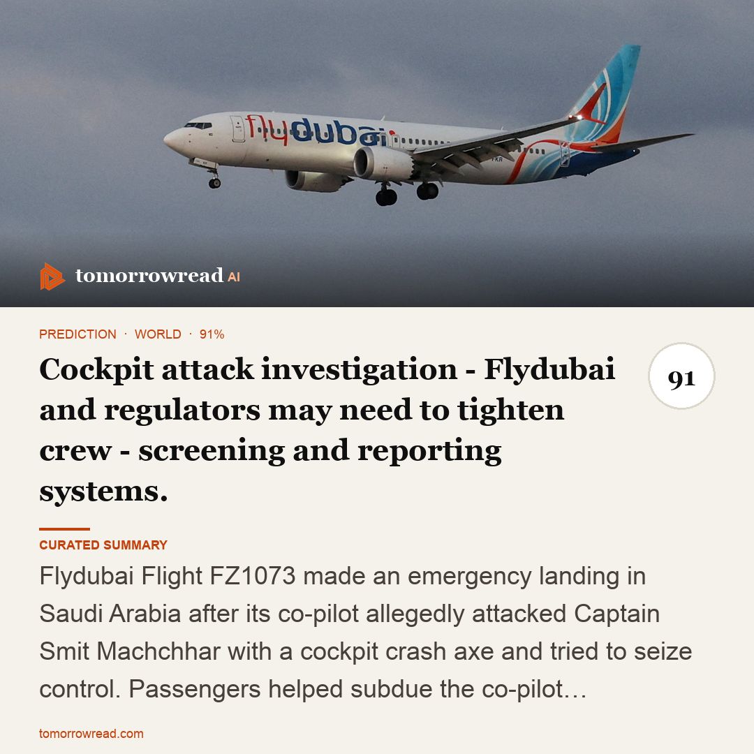 tomorrowread's tweet photo. Iran says Hormuz will stay closed until the US accepts its conditions, threatening a critical energy route. Flydubai cockpit attack triggers an international investigation.

https://t.co/ixzxh9KHch

#TomorrowRead #AI #WorldNews #Foresight #News https://t.co/PKjFI56vsv