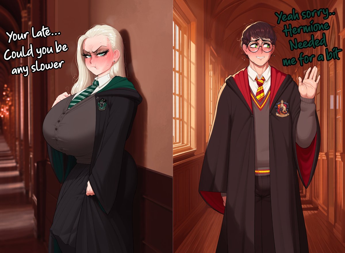 Whorahime's tweet photo. Malfoy seems to be quite fond and possessive of Potter, I think she likes to lay claim and keep what's rightfully hers 💚 https://t.co/wmLPcjpVim
