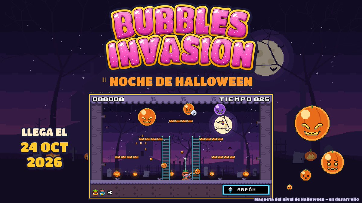 gsdinteractive's tweet photo. 🎃 ¡Bubbles Invasion llega el sábado 24 de octubre!

Arcade de burbujas remasterizado para Windows, en https://t.co/T38nuHWyNb: cooperativo local para 1–2 jugadores y totalmente en español.

Y se está preparando un nivel especial de Halloween. 👻

#videojuegos #indiedev #pixelart https://t.co/Ajwa68dRQU