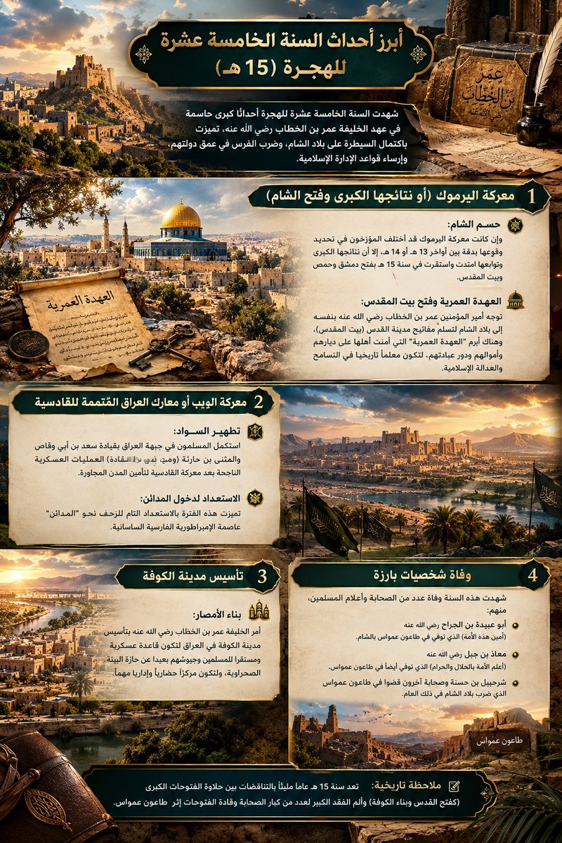 Abu__Sulaiman's tweet photo. من تمهيد السنوات (12-14 هـ) إلى ذروة المجد في السنة 15 هـ؛ حيث حُسمت اليرموك، فُتِح بيت المقدس، وبُنِيت الكوفة رغم ألم طاعون عمواس!  
​رحلة عظيمة غيّرت وجه التاريخ. ⚔️🕌
​#التاريخ_الإسلامي #عمر_بن_الخطاب https://t.co/ZbQGHSc2Qe