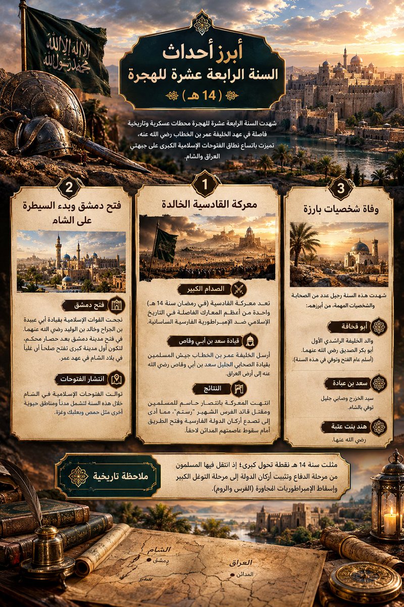 Abu__Sulaiman's tweet photo. من تمهيد السنوات (12-14 هـ) إلى ذروة المجد في السنة 15 هـ؛ حيث حُسمت اليرموك، فُتِح بيت المقدس، وبُنِيت الكوفة رغم ألم طاعون عمواس!  
​رحلة عظيمة غيّرت وجه التاريخ. ⚔️🕌
​#التاريخ_الإسلامي #عمر_بن_الخطاب https://t.co/ZbQGHSc2Qe