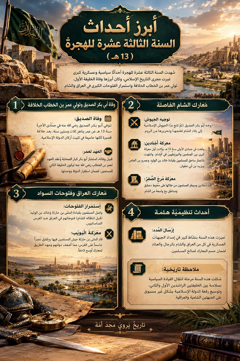 Abu__Sulaiman's tweet photo. من تمهيد السنوات (12-14 هـ) إلى ذروة المجد في السنة 15 هـ؛ حيث حُسمت اليرموك، فُتِح بيت المقدس، وبُنِيت الكوفة رغم ألم طاعون عمواس!  
​رحلة عظيمة غيّرت وجه التاريخ. ⚔️🕌
​#التاريخ_الإسلامي #عمر_بن_الخطاب https://t.co/ZbQGHSc2Qe