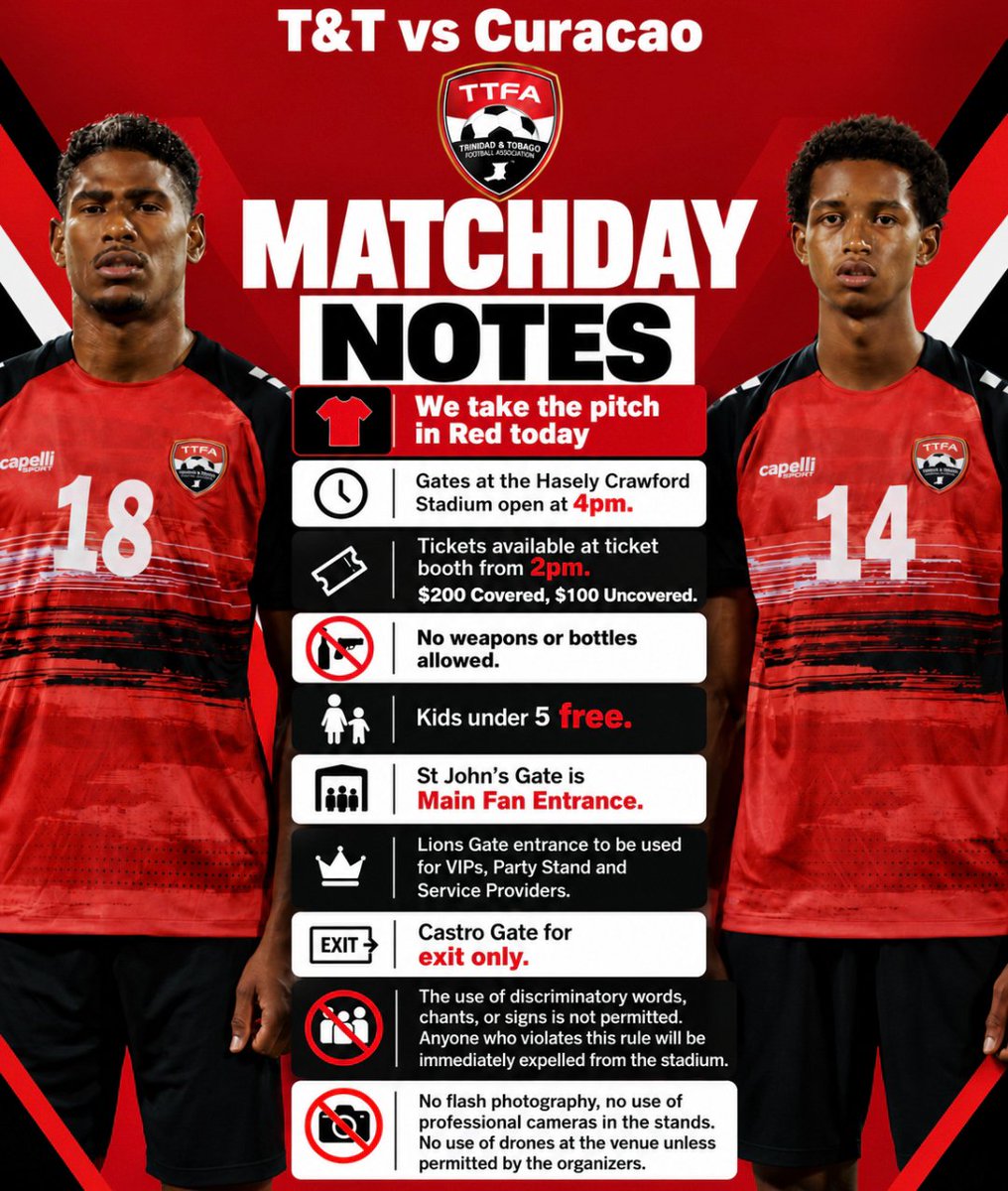 TTFootballAssoc's tweet photo. MATCHDAY IN PORT OF SPAIN 🇹🇹
T&amp;T vs Curaçao. We’re in red today.
Know your entrance, arrive early and bring the energy.

🕕 Kick-off: 6:00pm https://t.co/791COya2KY