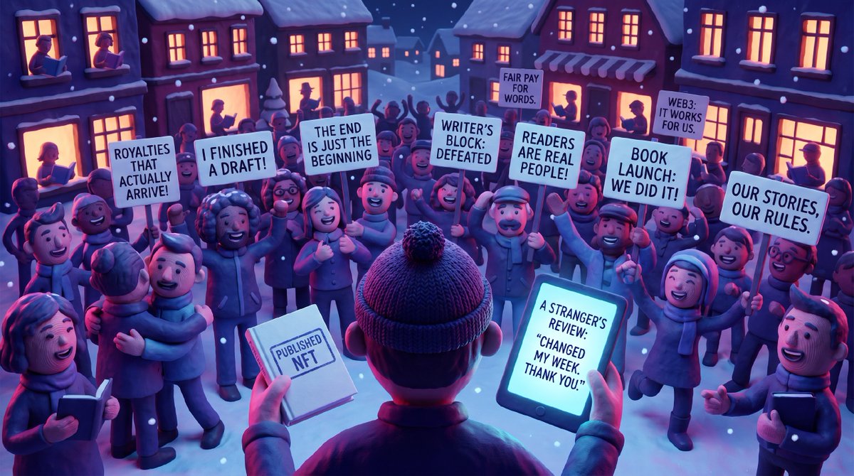 publishednft's tweet photo. The writing life, illustrated: a debut short-story writer reading a review from a stranger who says the book changed their week. 📚 There's a better path — real ownership, fair royalties, and readers who actually find you. #BookTwitter #WritingCommunity #Publishing #Web3 #Publish https://t.co/nDAw5OWKeJ