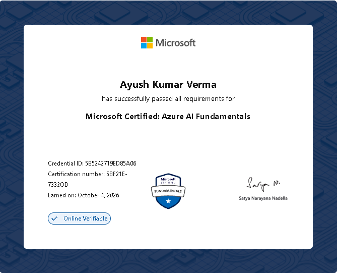 ayush07cse's tweet photo. Winter Arc 2026 ❄️ | Day 4/92

✅ Passed Azure AI-901 Exam 🏆 (Cert attached)
✅ 1 company assessment test
✅ 1 take-home assignment
✅ 17 job applications

Cleared Azure AI-901 today! Daily prep paid off. Back to the grind.

#WinterArc #Azure #AI901 #consistency https://t.co/pJxFq6xNye